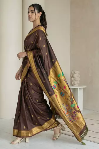 Chocolate woven zari buti & peacock pallu work silk blend fabric traditional festive style paithani style saree