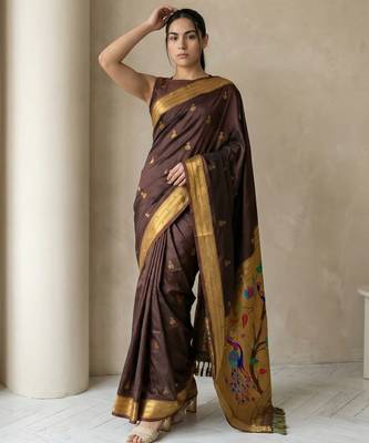 Chocolate woven zari buti & peacock pallu work silk blend fabric traditional festive style paithani style saree 4