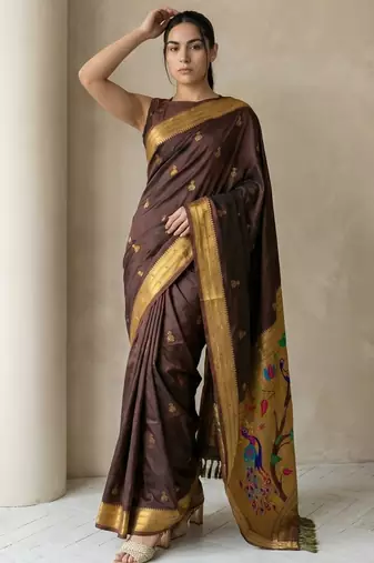 Chocolate woven zari buti & peacock pallu work silk blend fabric traditional festive style paithani style saree