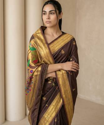 Chocolate woven zari buti & peacock pallu work silk blend fabric traditional festive style paithani style saree 5