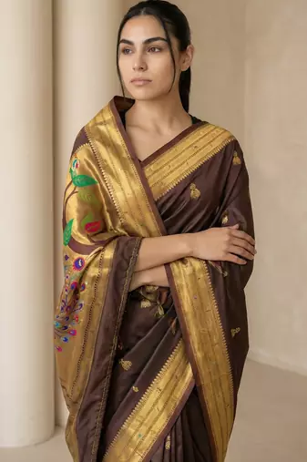 Chocolate woven zari buti & peacock pallu work silk blend fabric traditional festive style paithani style saree