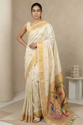 Off white woven zari buti & peacock pallu work silk blend fabric traditional festive style paithani style saree