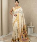 Off white woven zari buti & peacock pallu work silk blend fabric traditional festive style paithani style saree