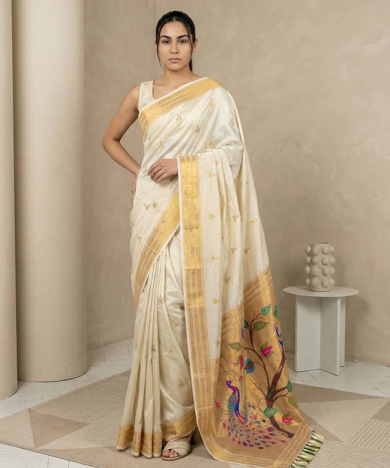 Off white woven zari buti & peacock pallu work silk blend fabric traditional festive style paithani style saree