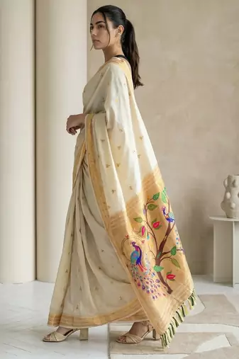 Off white woven zari buti & peacock pallu work silk blend fabric traditional festive style paithani style saree