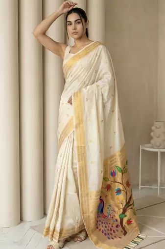 Off white woven zari buti & peacock pallu work silk blend fabric traditional festive style paithani style saree