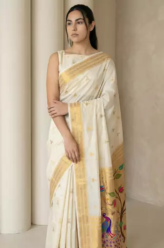 Off white woven zari buti & peacock pallu work silk blend fabric traditional festive style paithani style saree