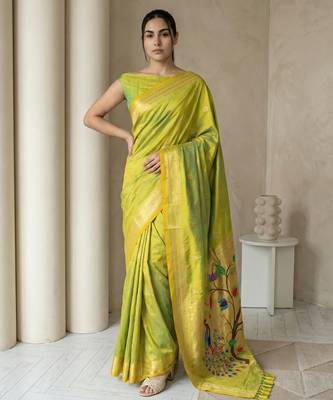 Light lime woven zari buti & peacock pallu work silk blend fabric traditional festive style paithani style saree 1