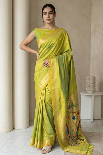 Light lime woven zari buti & peacock pallu work silk blend fabric traditional festive style paithani style saree