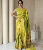 Light lime woven zari buti & peacock pallu work silk blend fabric traditional festive style paithani style saree