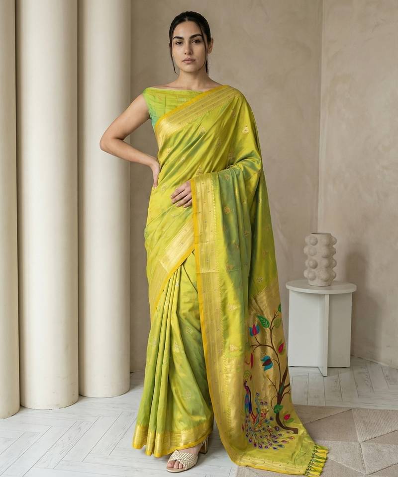Light lime woven zari buti & peacock pallu work silk blend fabric traditional festive style paithani style saree