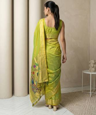 Light lime woven zari buti & peacock pallu work silk blend fabric traditional festive style paithani style saree 2