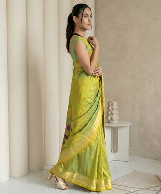 Light lime woven zari buti & peacock pallu work silk blend fabric traditional festive style paithani style saree 3