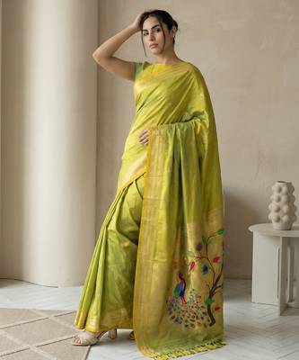 Light lime woven zari buti & peacock pallu work silk blend fabric traditional festive style paithani style saree 4