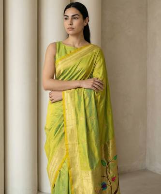 Light lime woven zari buti & peacock pallu work silk blend fabric traditional festive style paithani style saree 5