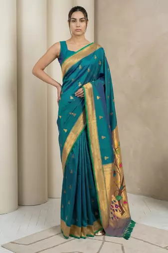 Teal woven zari buti & peacock pallu work silk blend fabric traditional festive style paithani style saree
