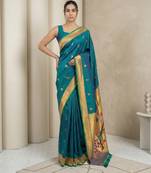 Teal woven zari buti & peacock pallu work silk blend fabric traditional festive style paithani style saree