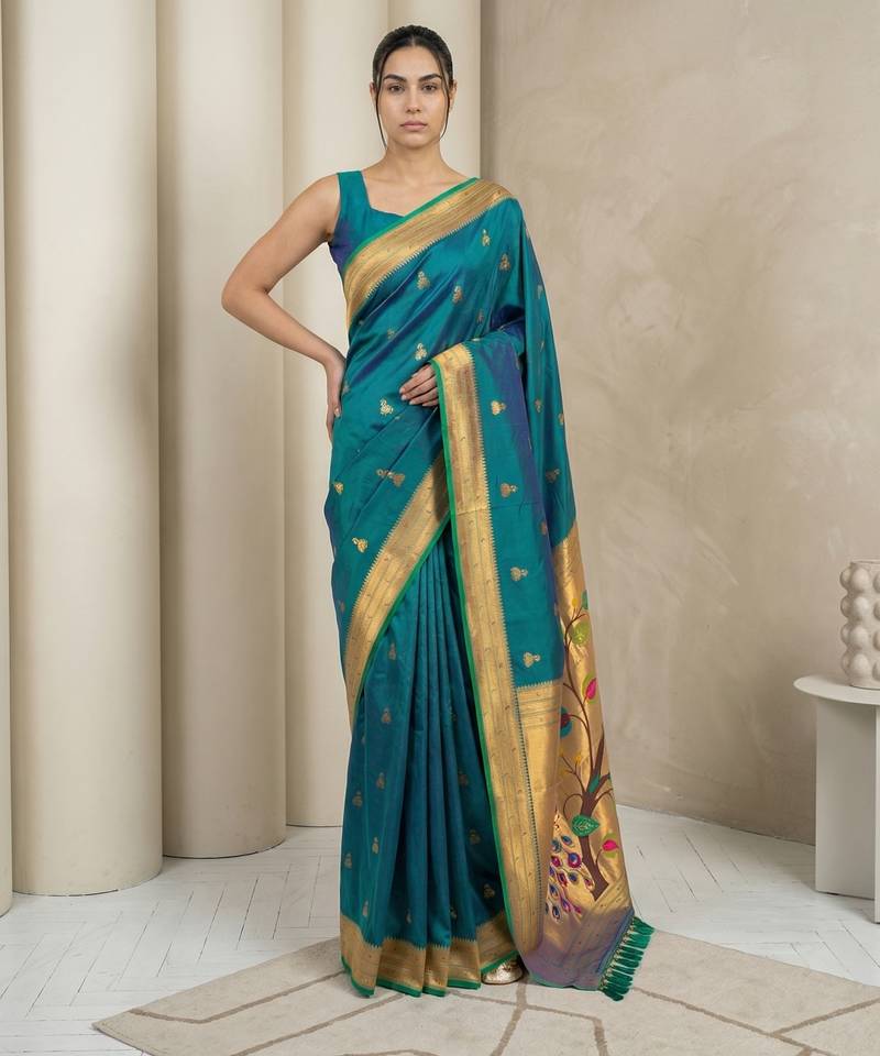 Teal woven zari buti & peacock pallu work silk blend fabric traditional festive style paithani style saree