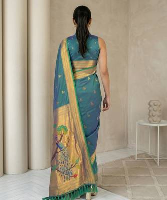 Teal woven zari buti & peacock pallu work silk blend fabric traditional festive style paithani style saree 2