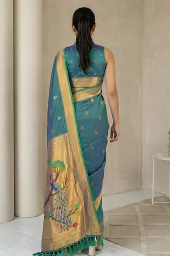 Teal woven zari buti & peacock pallu work silk blend fabric traditional festive style paithani style saree