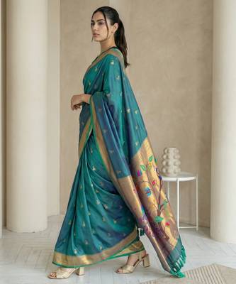 Teal woven zari buti & peacock pallu work silk blend fabric traditional festive style paithani style saree 3