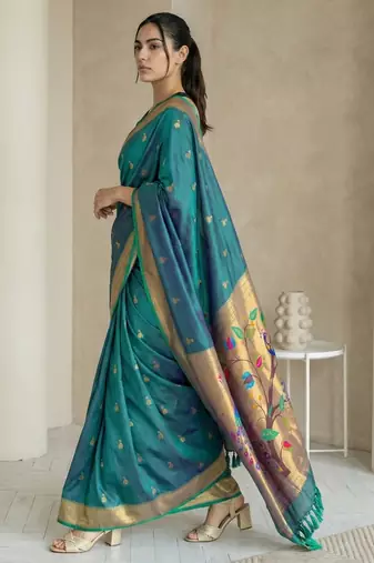 Teal woven zari buti & peacock pallu work silk blend fabric traditional festive style paithani style saree