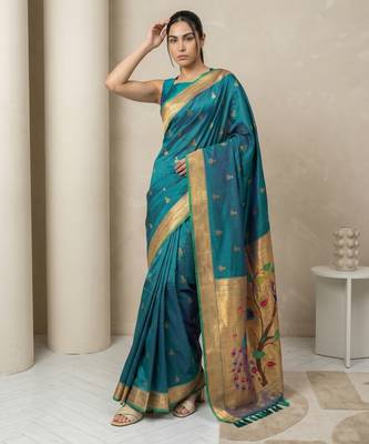 Teal woven zari buti & peacock pallu work silk blend fabric traditional festive style paithani style saree 4