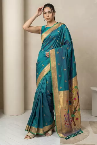 Teal woven zari buti & peacock pallu work silk blend fabric traditional festive style paithani style saree
