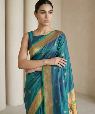 Teal woven zari buti & peacock pallu work silk blend fabric traditional festive style paithani style saree 5
