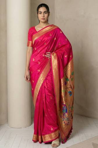 Pink woven zari buti & peacock pallu work silk blend fabric traditional festive style paithani style saree