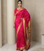 Pink woven zari buti & peacock pallu work silk blend fabric traditional festive style paithani style saree
