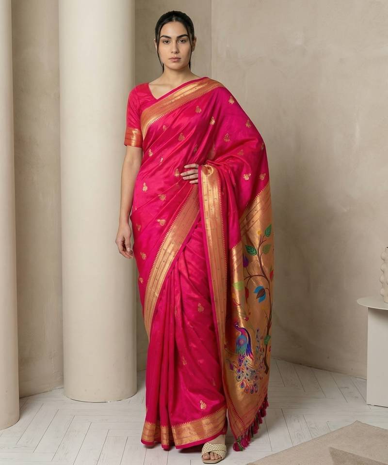 Pink woven zari buti & peacock pallu work silk blend fabric traditional festive style paithani style saree