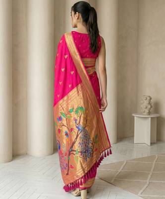 Pink woven zari buti & peacock pallu work silk blend fabric traditional festive style paithani style saree 2