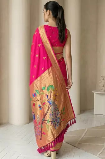 Pink woven zari buti & peacock pallu work silk blend fabric traditional festive style paithani style saree
