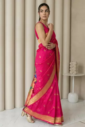 Pink woven zari buti & peacock pallu work silk blend fabric traditional festive style paithani style saree