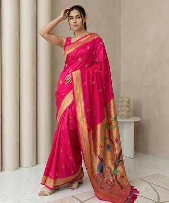 Pink woven zari buti & peacock pallu work silk blend fabric traditional festive style paithani style saree 4