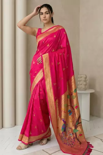 Pink woven zari buti & peacock pallu work silk blend fabric traditional festive style paithani style saree