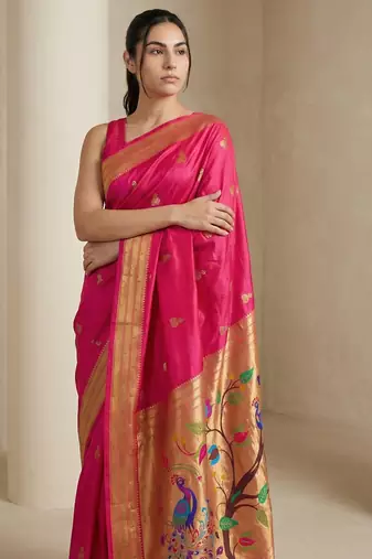 Pink woven zari buti & peacock pallu work silk blend fabric traditional festive style paithani style saree