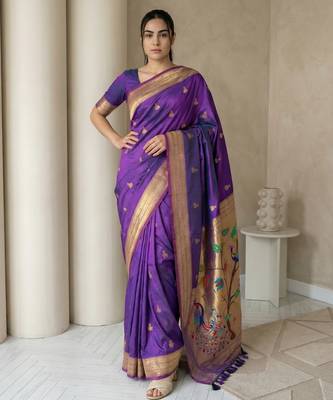 Purple woven zari buti & peacock pallu work silk blend fabric traditional festive style paithani style saree 1