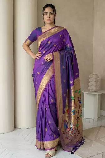 Purple woven zari buti & peacock pallu work silk blend fabric traditional festive style paithani style saree