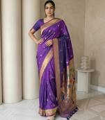 Purple woven zari buti & peacock pallu work silk blend fabric traditional festive style paithani style saree