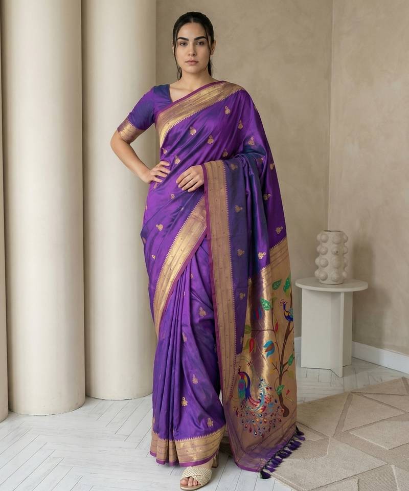 Purple woven zari buti & peacock pallu work silk blend fabric traditional festive style paithani style saree