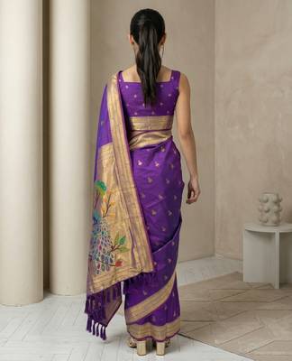 Purple woven zari buti & peacock pallu work silk blend fabric traditional festive style paithani style saree 2