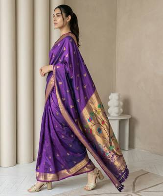 Purple woven zari buti & peacock pallu work silk blend fabric traditional festive style paithani style saree 3