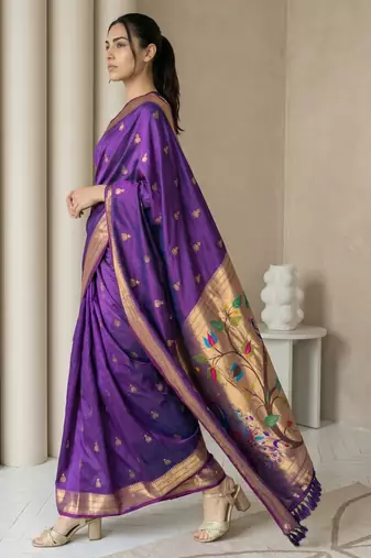 Purple woven zari buti & peacock pallu work silk blend fabric traditional festive style paithani style saree