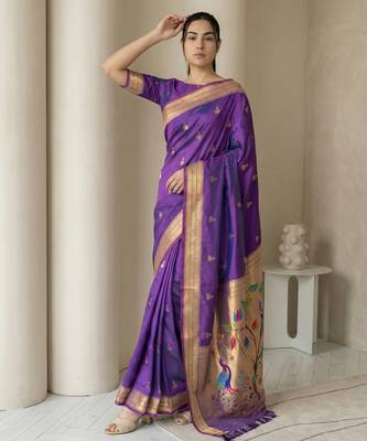 Purple woven zari buti & peacock pallu work silk blend fabric traditional festive style paithani style saree 4