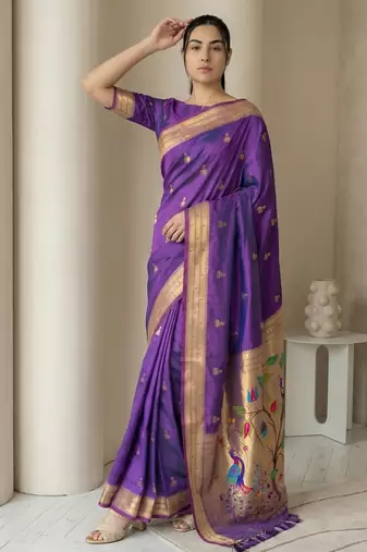 Purple woven zari buti & peacock pallu work silk blend fabric traditional festive style paithani style saree