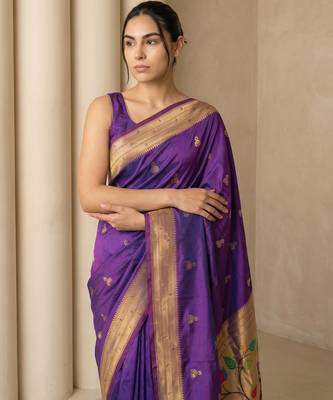 Purple woven zari buti & peacock pallu work silk blend fabric traditional festive style paithani style saree 5