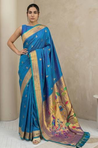 Teal woven zari buti & peacock pallu work silk blend fabric traditional festive style paithani style saree