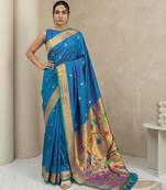 Teal woven zari buti & peacock pallu work silk blend fabric traditional festive style paithani style saree